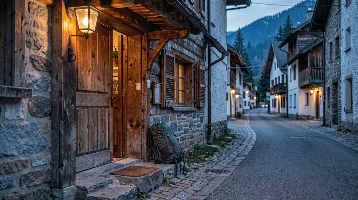 A timber entrance of a small mountain inn at dusk, one warm lamp over the door, two rucksacks resting against the stone step, seen from across a narrow village street in soft blue evening light.