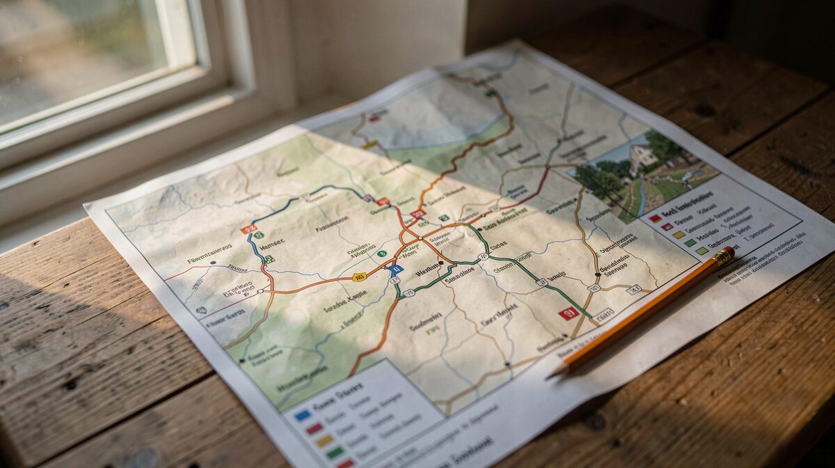 A printed trail map and a pencil resting on a wooden table beside a window, morning light falling across the paper, close framing from slightly above.
