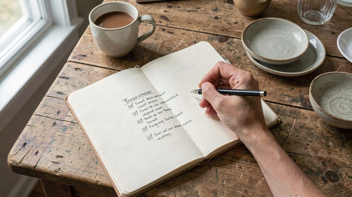 A guest's hand writing a short list in a notebook on a wooden breakfast table beside a cooling cup of coffee, soft window light entering from the left, framed close from a slight overhead angle.