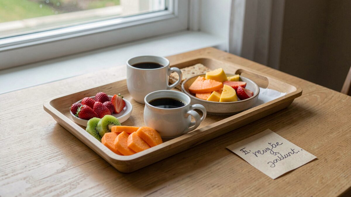 A tray of coffee, sliced fruit, and a small handwritten note on a light wood breakfast table beside a window, shot in soft morning daylight from a slightly high angle.