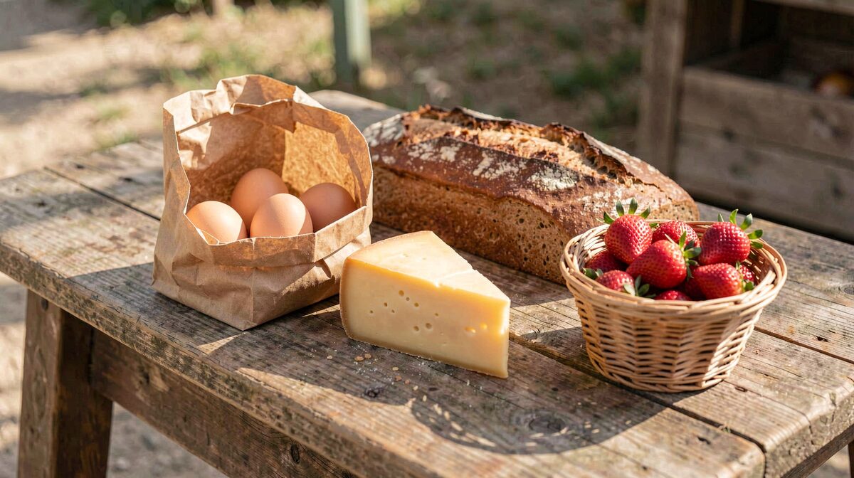A wooden market table in morning light with a paper bag of eggs, a wedge of firm cheese, a loaf of rye bread, and a small basket of strawberries, shot from slightly above at arm's length.