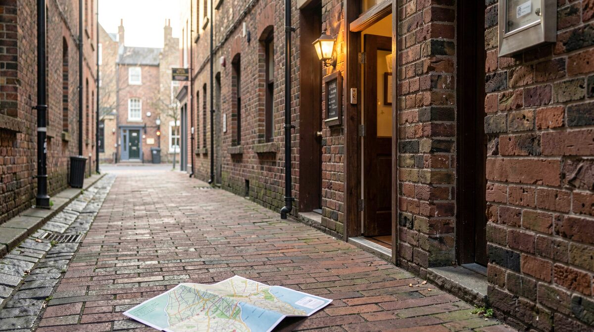 A narrow brick sidewalk in an old city district at early morning, a small inn doorway with a warm light above it, a folded paper map in the foreground, soft side light and a straight-on medium shot.