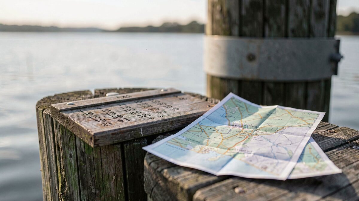 A weathered wooden tide chart and a folded paper map on a dock piling beside a sound, morning light, close framing with water blurred behind.