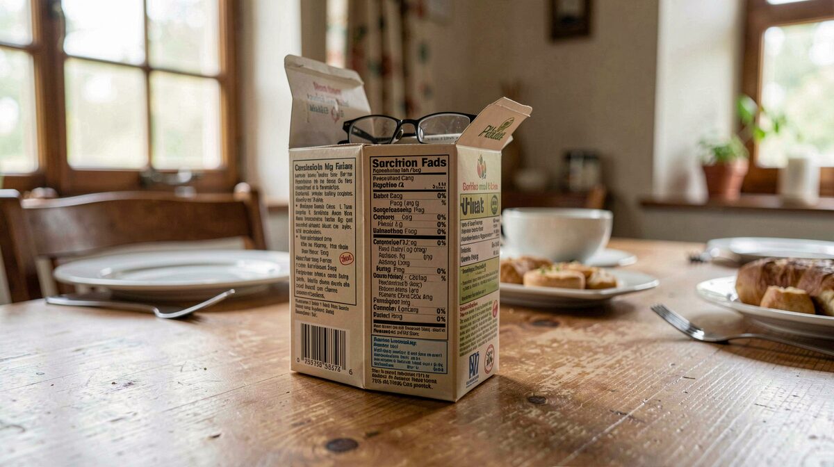A close-up of a breakfast table in a small inn, with a cereal box turned to its ingredient panel, a pair of reading glasses resting on the flap, and soft morning light coming through a window.