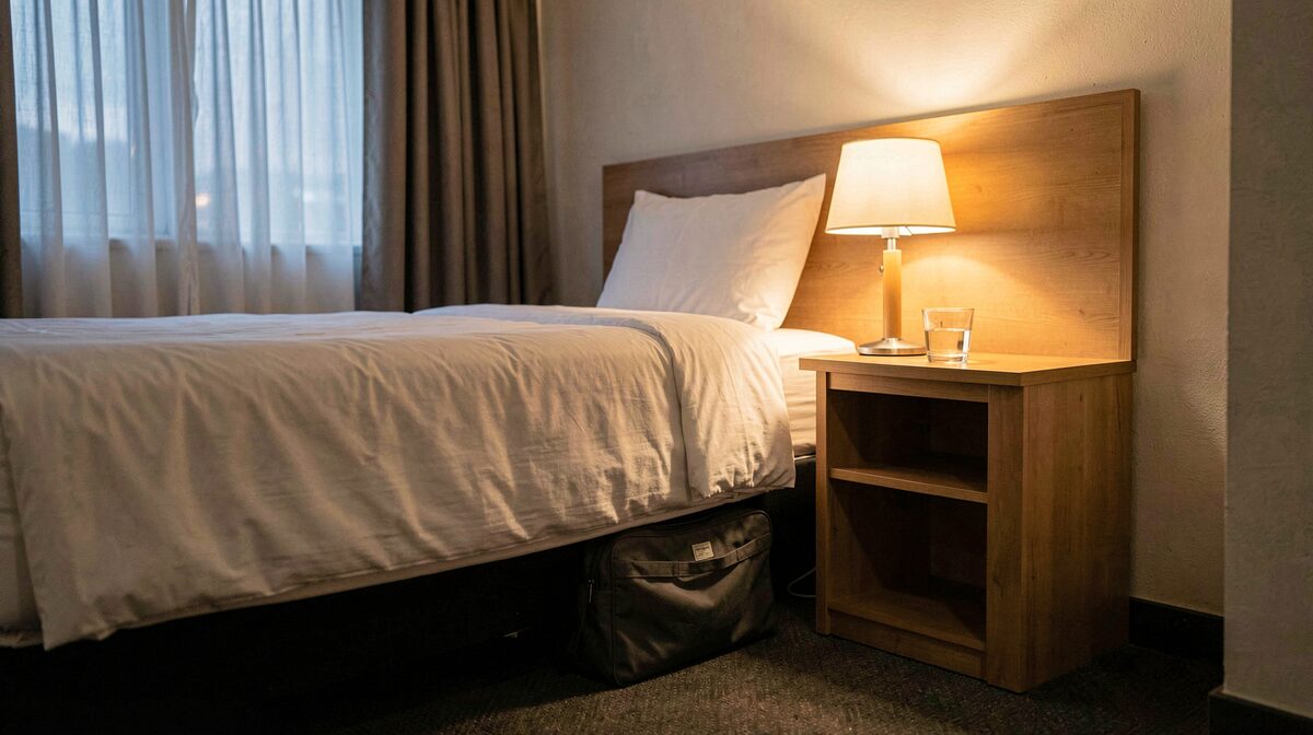 A small hotel room at night, one low bedside lamp lit, curtains closed, a closed bag tucked under the bed and a glass of water on the nightstand, shot from the foot of the bed at eye level.